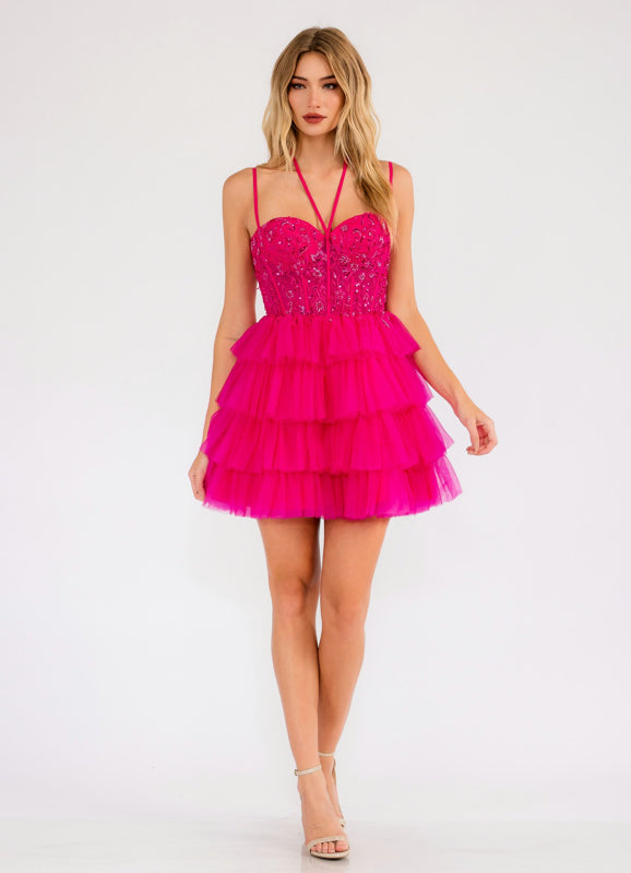 Juliet JT923S A Line Short Tiered Ruffle Cocktail Dress