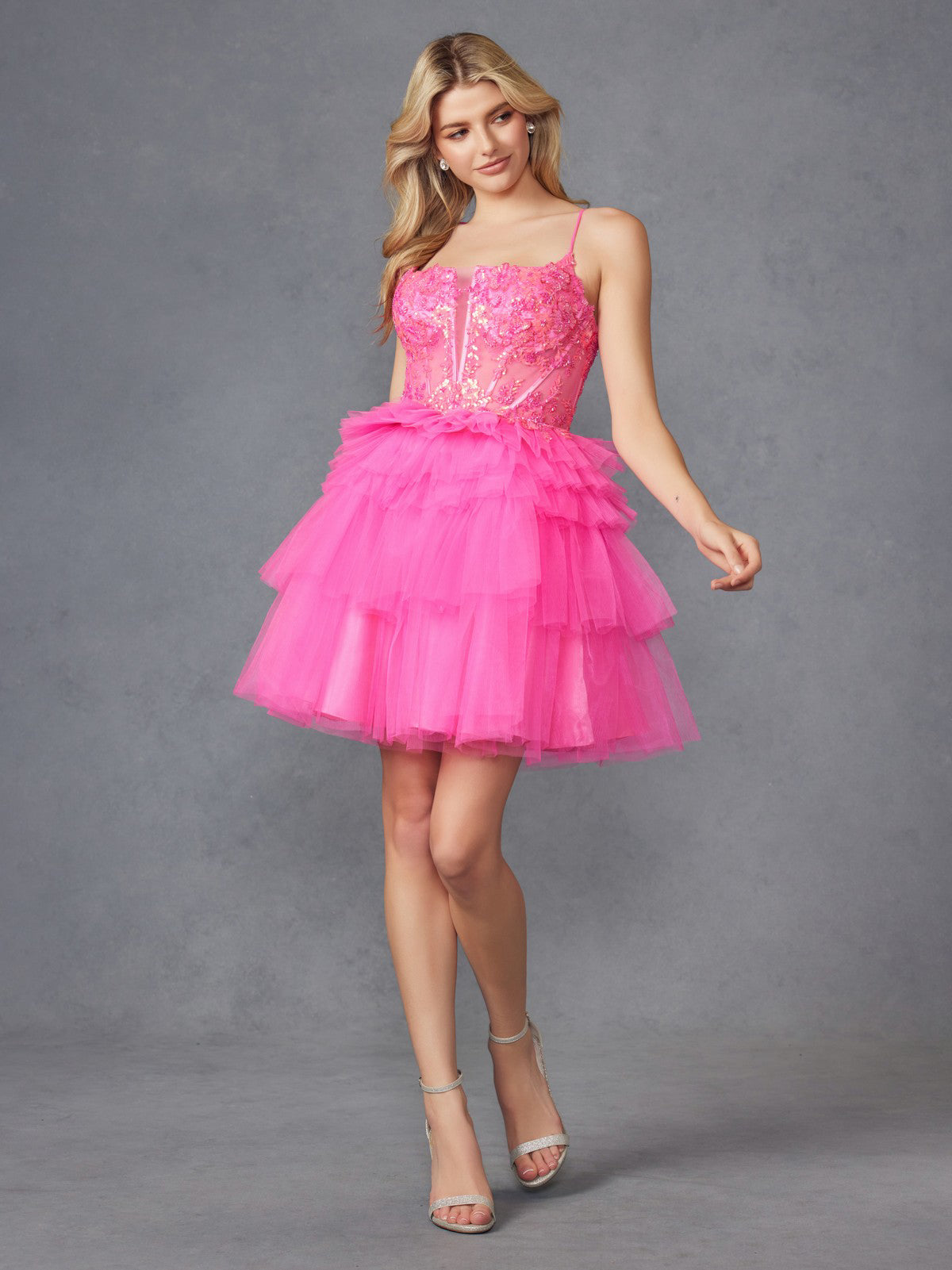 Juliet JT935K Ruffle Short A Line Sequin Applique Cocktail Dress