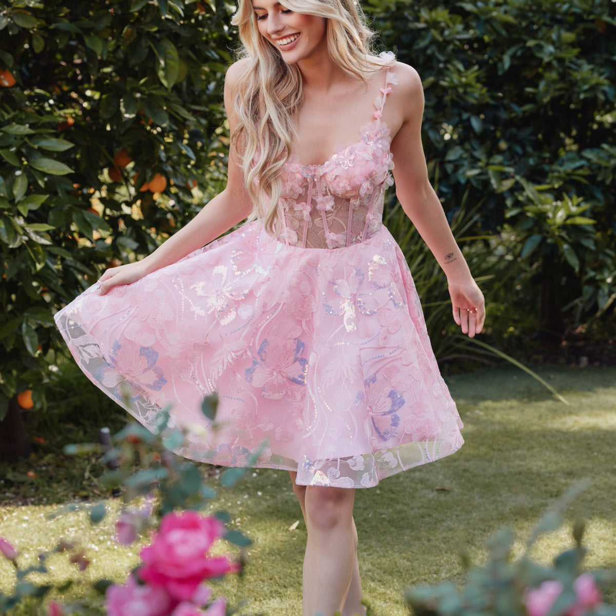 midnight garden light pink floral dress Midnight Garden Floral Midi Dress