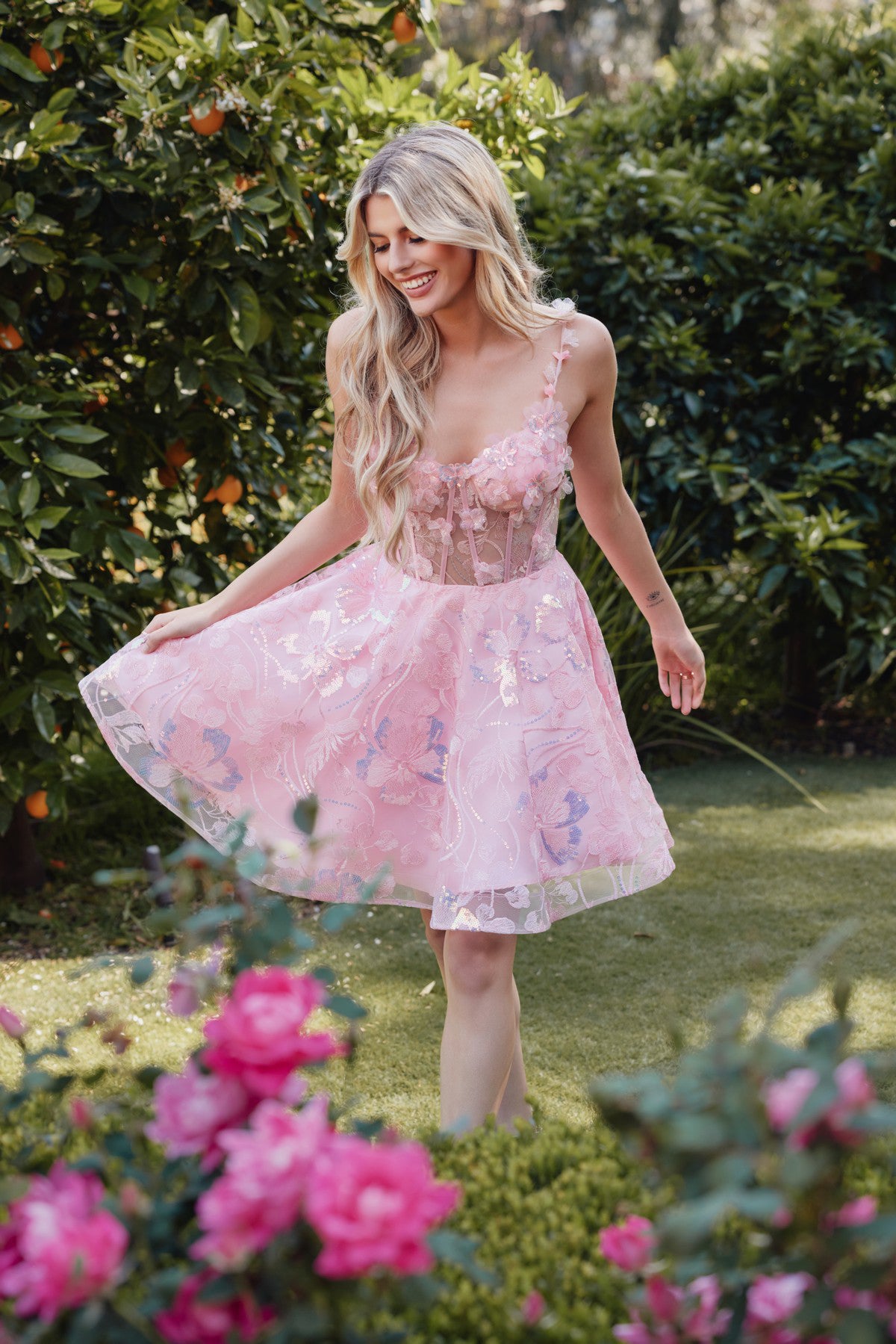 3D Floral Short Sleeveless A-line Dress by Juliet JT917A - Baby Pink / 8 3D Floral Short Sleeveless A-line Dress by Juliet JT917A - Baby Pink / 8