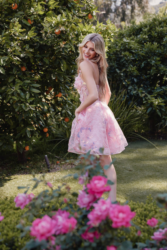 3D Floral Short Sleeveless A-Line Dress by Juliet JT917A - Baby Pink / 8 3D Floral Short Sleeveless A-Line Dress by Juliet JT917A - Baby Pink / 8
