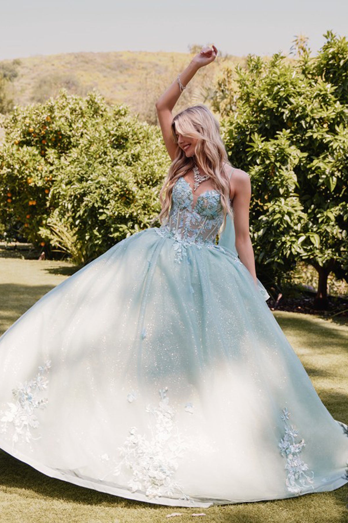 Juliet JT1466H Beaded Long Ball Gown Glitter Floral Applique Quinceanera Dress