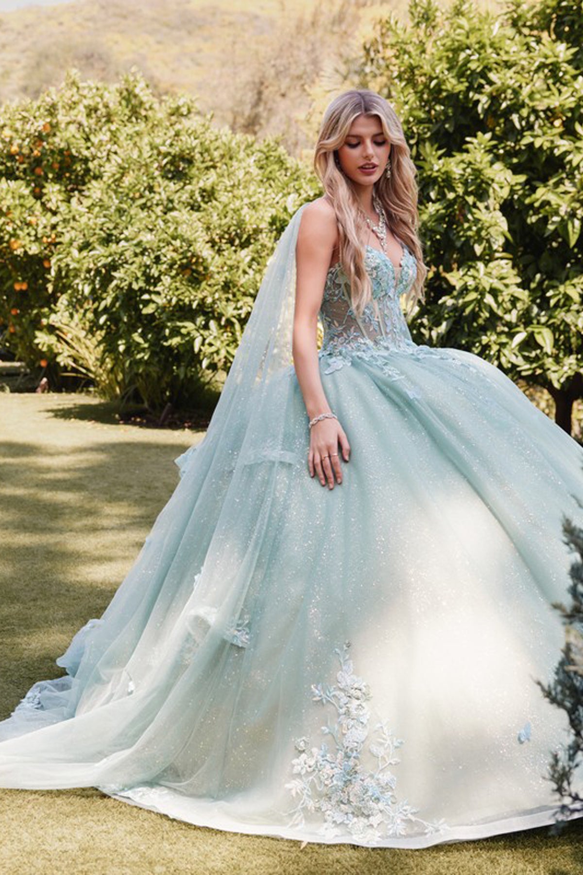 Juliet JT1466H Beaded Long Ball Gown Glitter Floral Applique Quinceanera Dress