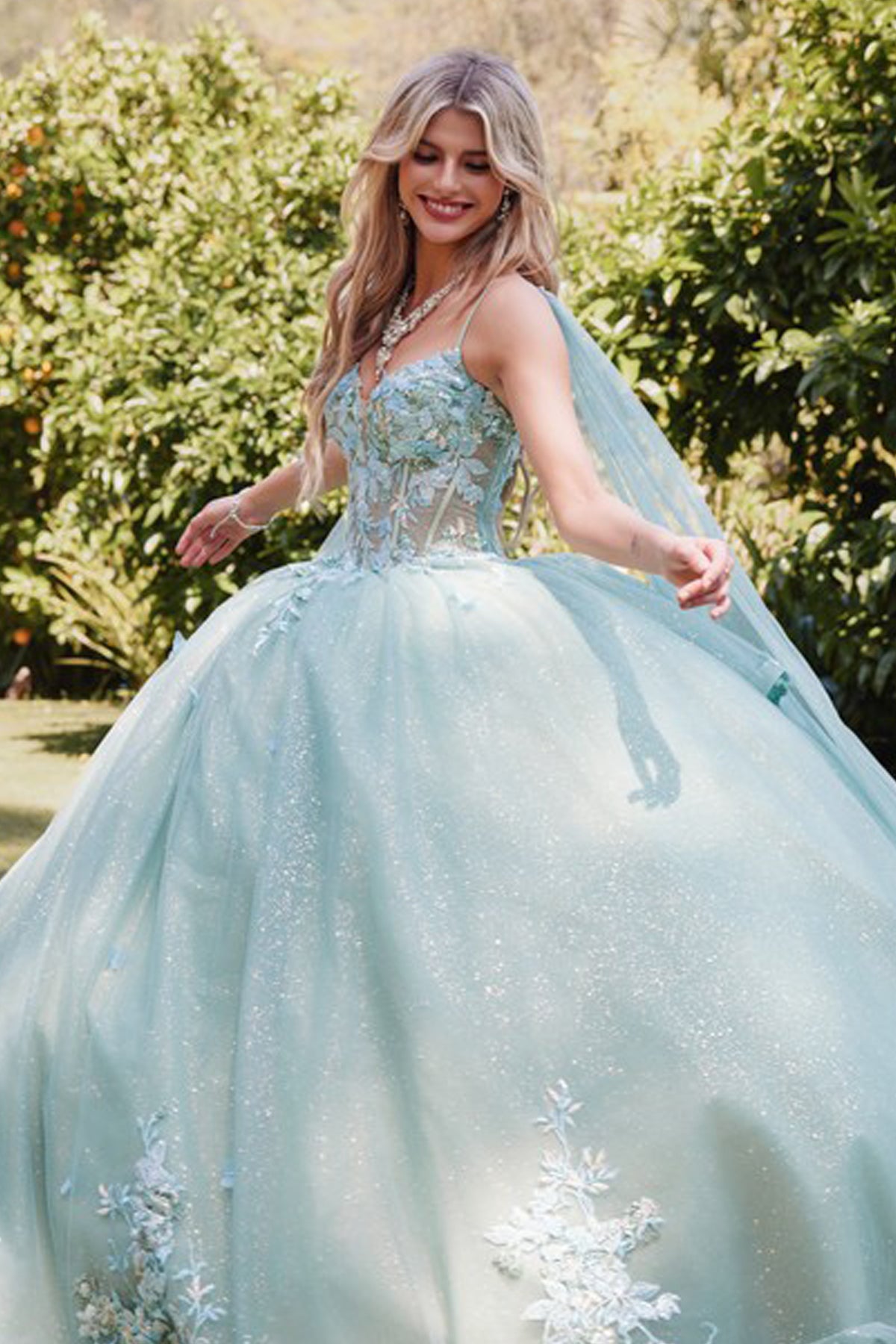 Juliet JT1466H Beaded Long Ball Gown Glitter Floral Applique Quinceanera Dress