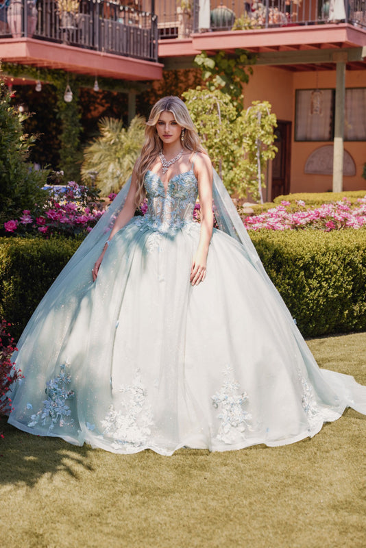 Juliet JT1466H Beaded Long Ball Gown Glitter Floral Applique Quinceanera Dress