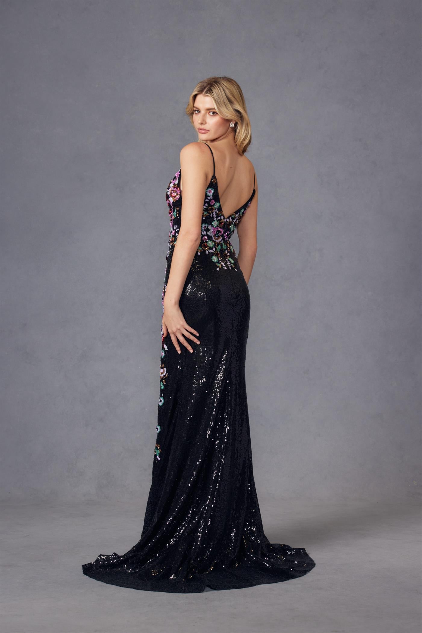 Juliet JT2909K Long Fitted Slit Formal Sequin Floral Prom Dress