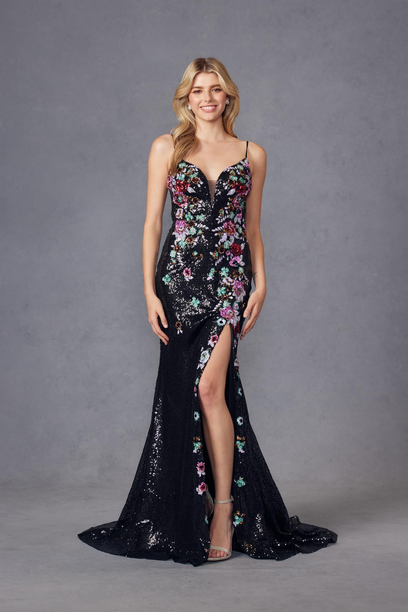 Juliet JT2909K Long Fitted Slit Formal Sequin Floral Prom Dress