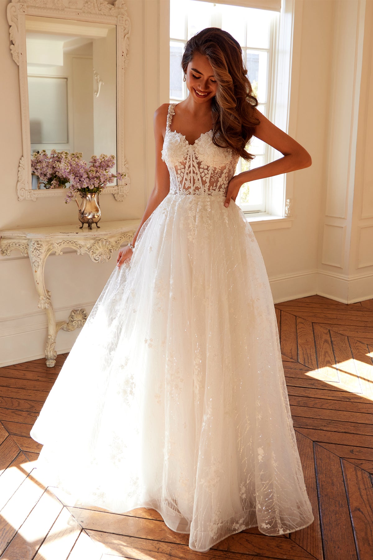 Juliet JT2495AW Long A Line Floral Lace Wedding Dress