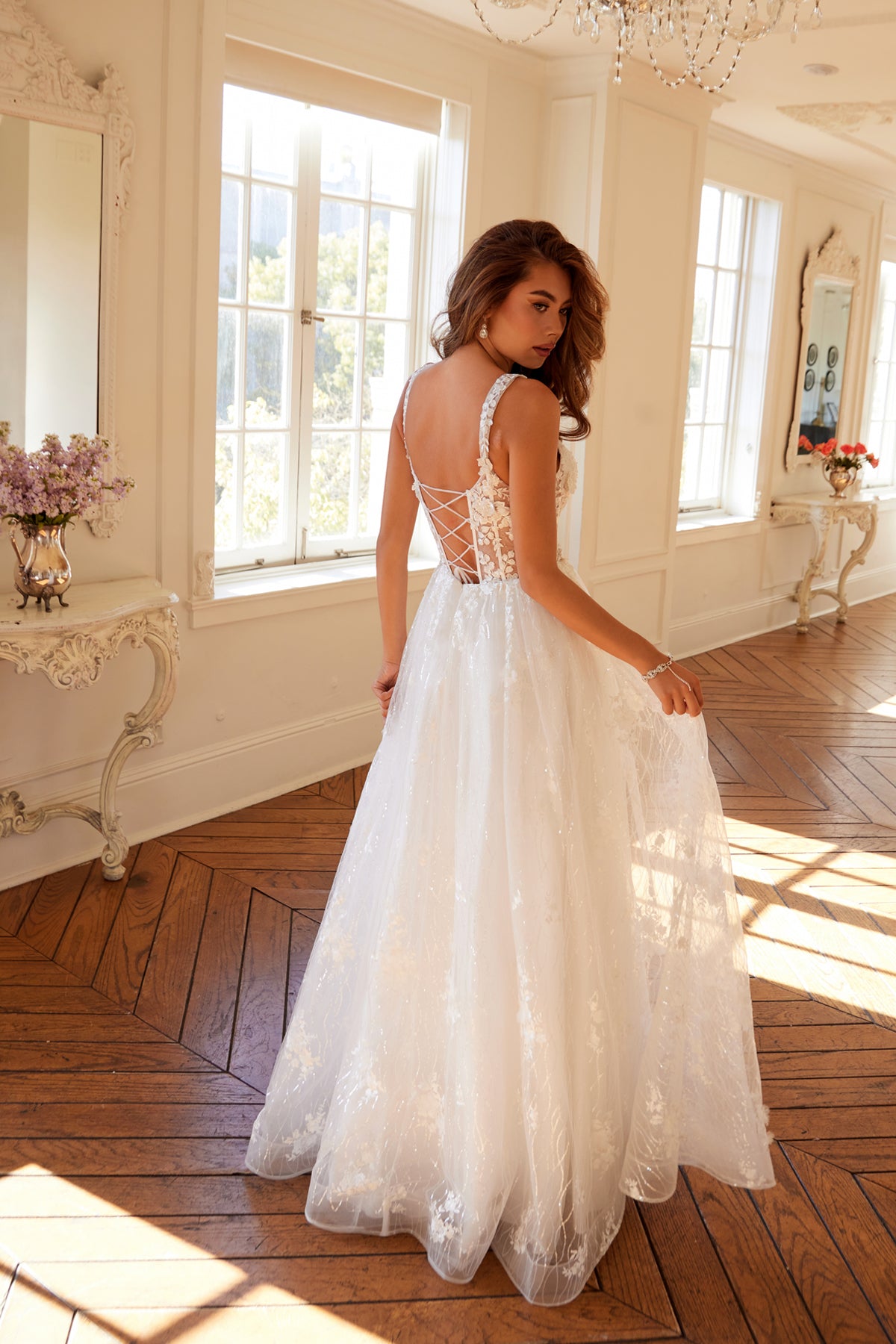 Juliet JT2495AW Long A Line Floral Lace Wedding Dress