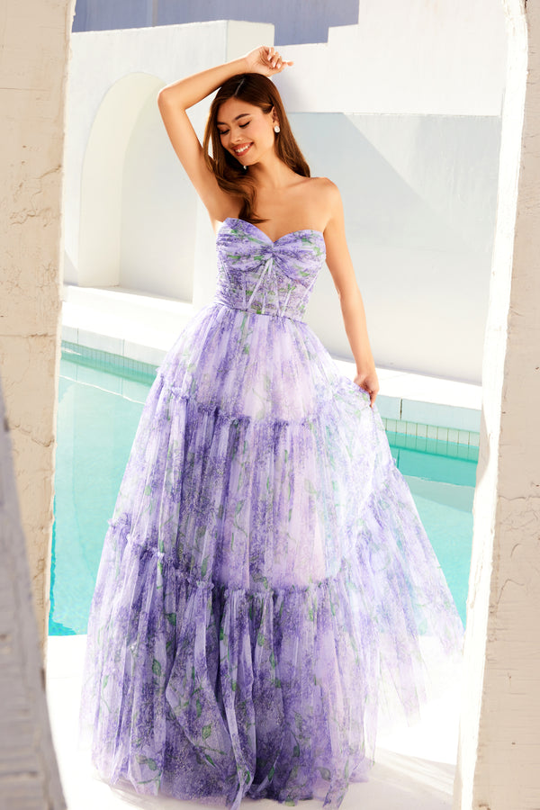 Juliet JUJT2507A Prom Long A Line Floral Print Formal Dress