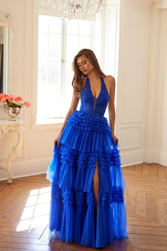 Juliet JT2556S Ruffled A Line Long Formal Lace Applique Prom Dress