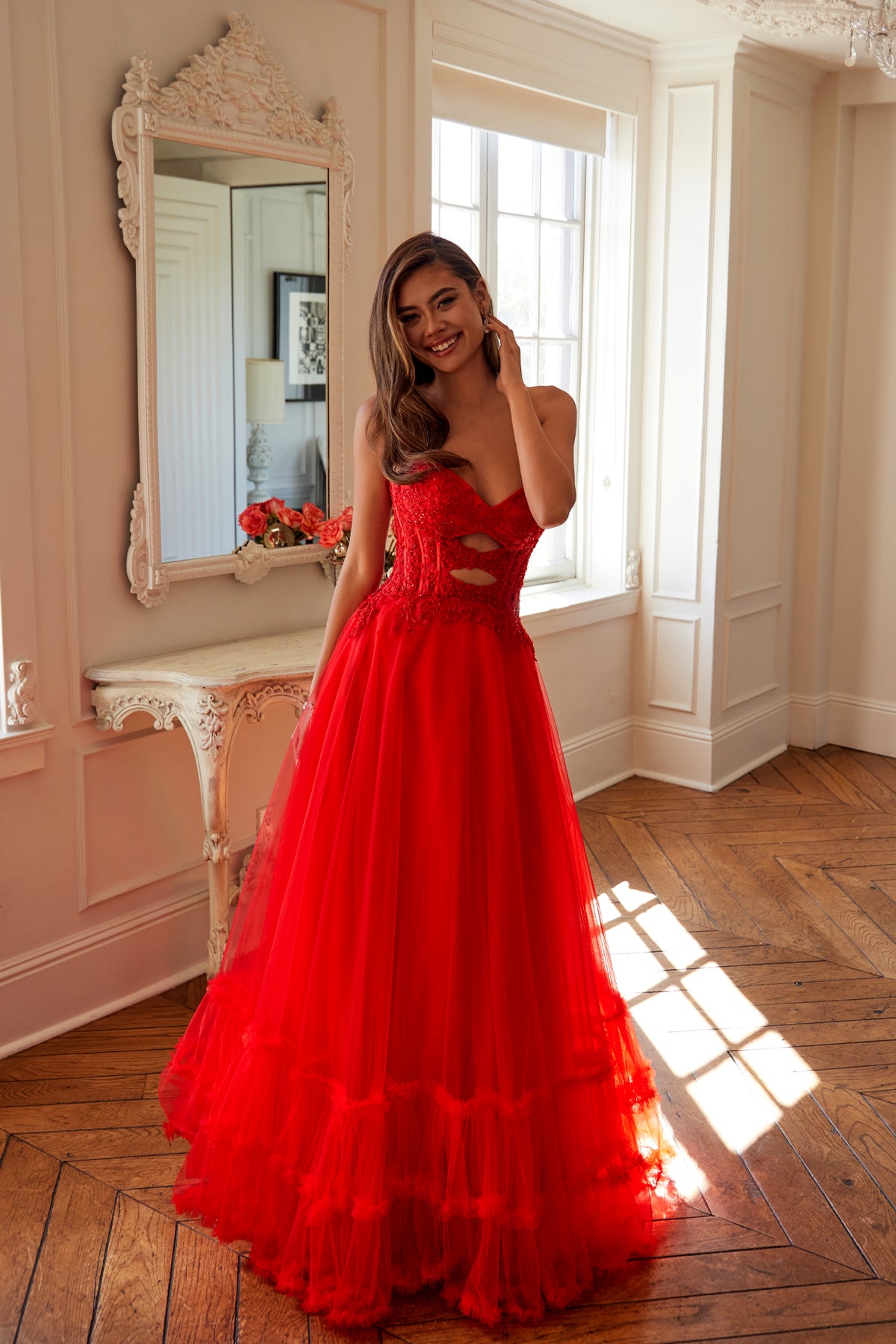Juliet JT2561S A Line Long Formal Lace Applique Prom Dress