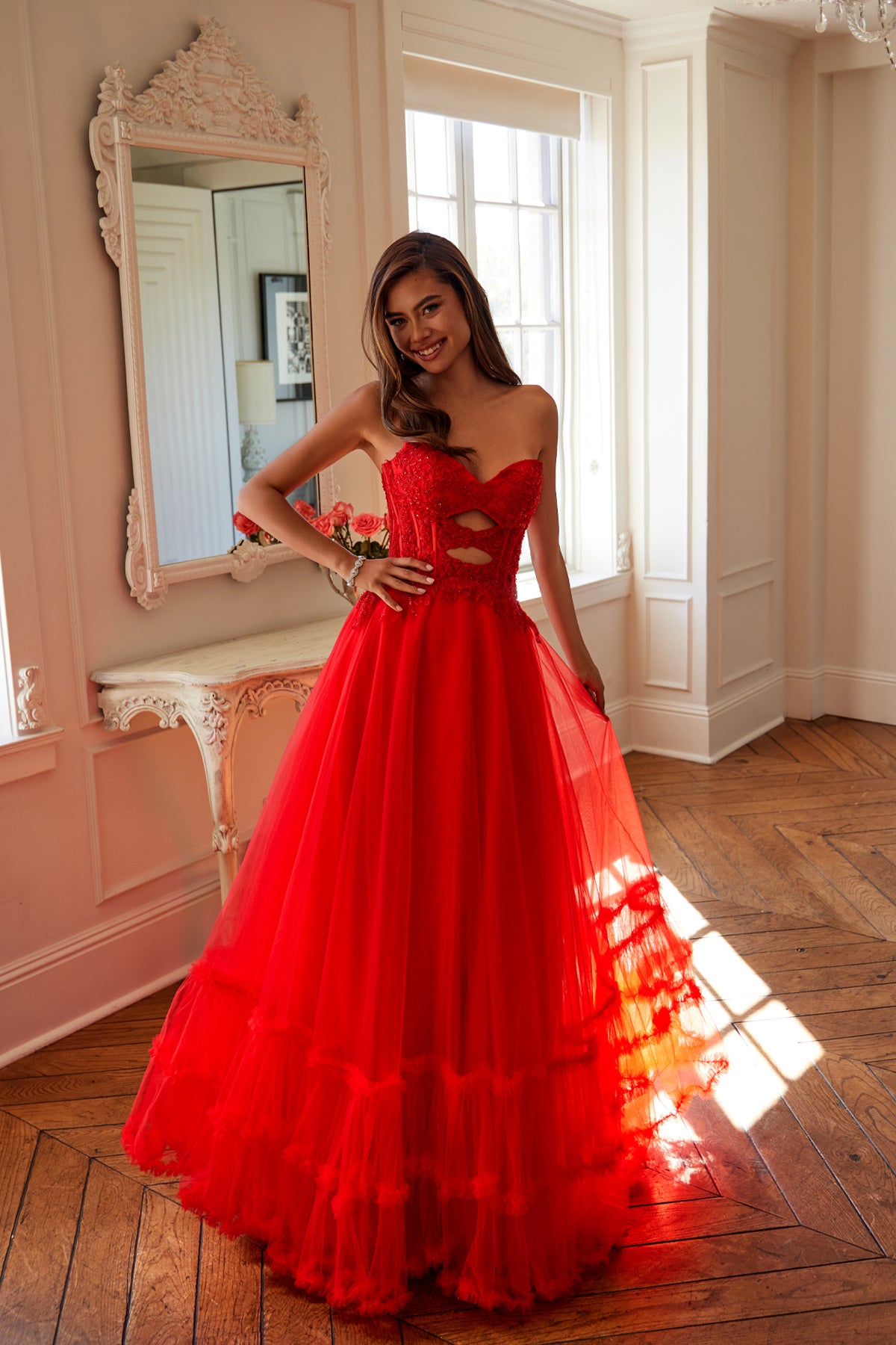 Juliet JT2561S A Line Long Formal Lace Applique Prom Dress