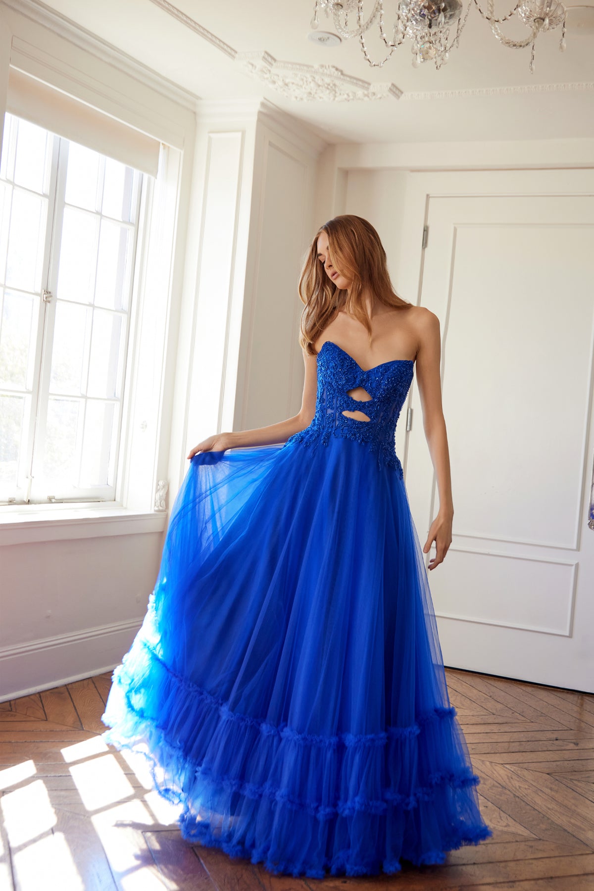 Juliet JT2561S A Line Long Formal Lace Applique Prom Dress