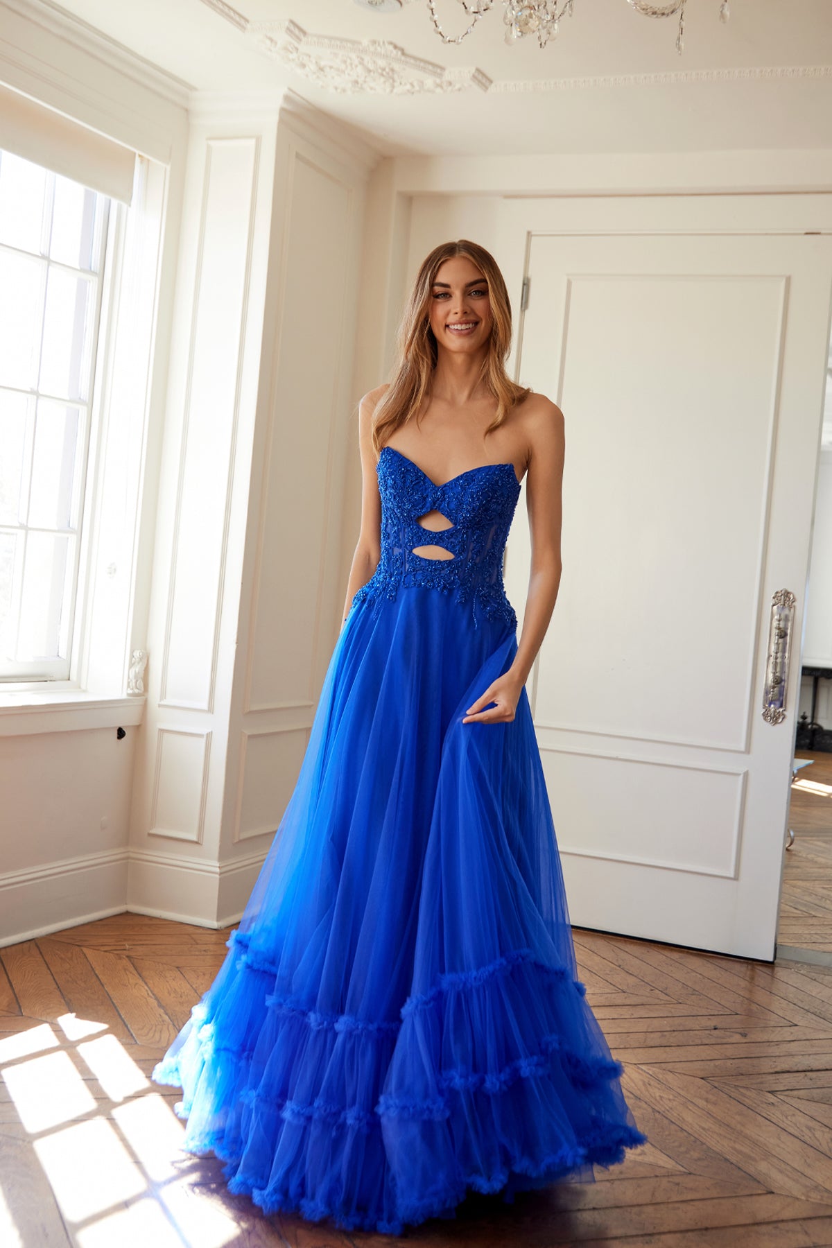Juliet JT2561S A Line Long Formal Lace Applique Prom Dress