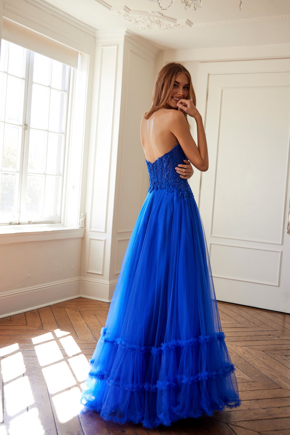 Juliet JT2561S A Line Long Formal Lace Applique Prom Dress