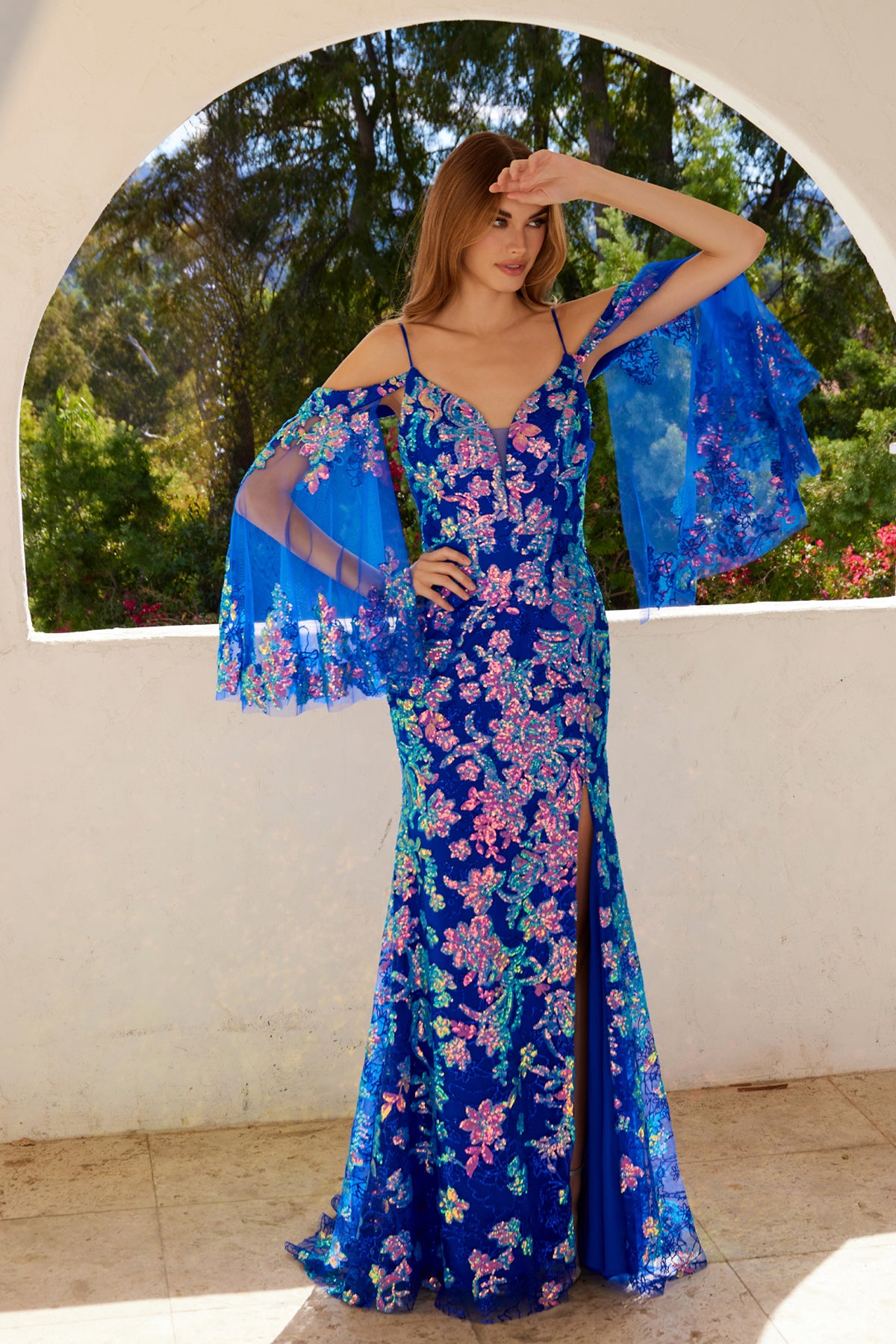Juliet JT2564U Glitter Print Long Formal Applique Prom Dress