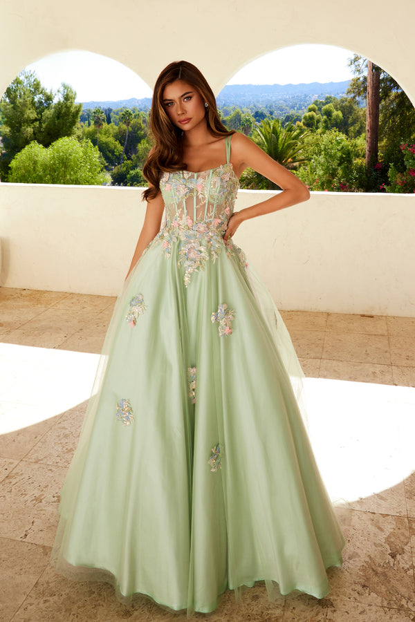 Juliet JT2565U Long Ball Gown Floral Applique Prom Dress