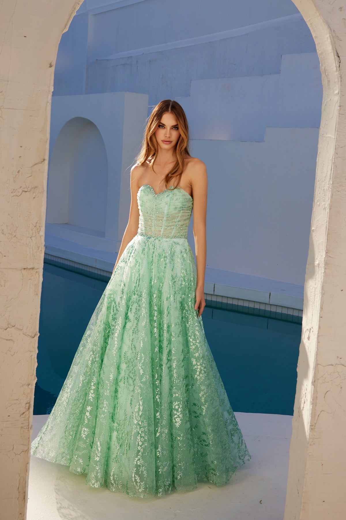 Juliet JT2547S Prom Long A Line Formal Glitter Print Evening Dress