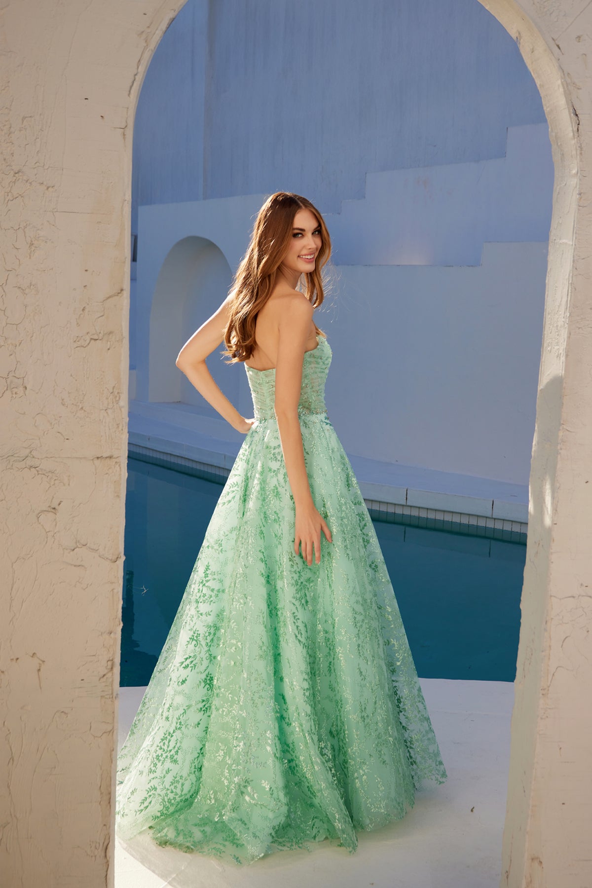 Juliet JT2547S Prom Long A Line Formal Glitter Print Evening Dress