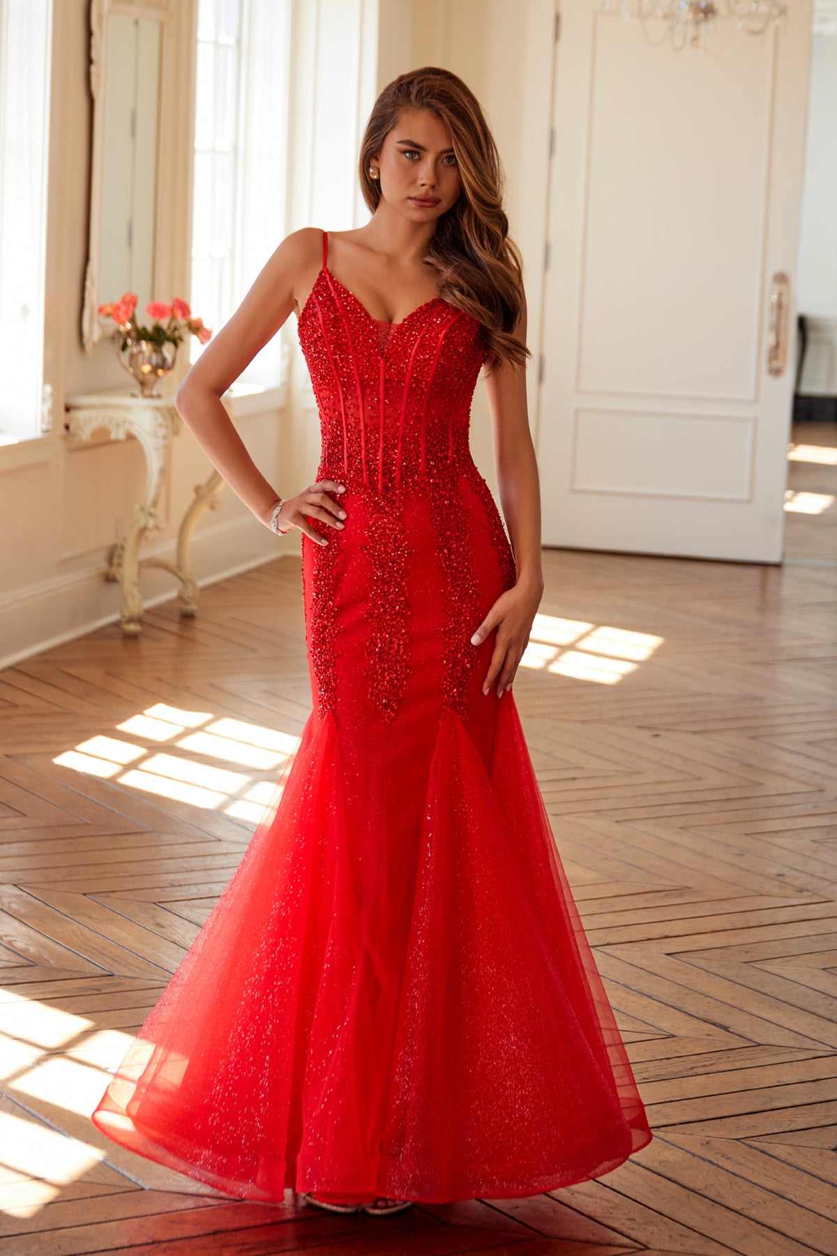 Juliet JT2883C Long Mermaid Formal Glitter Sequin Corset Prom Dress