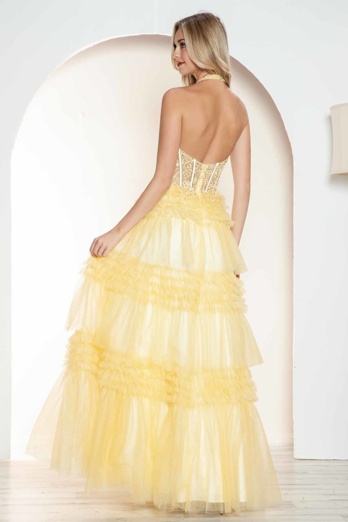Juliet JT2556S Ruffled A Line Long Formal Lace Applique Prom Dress