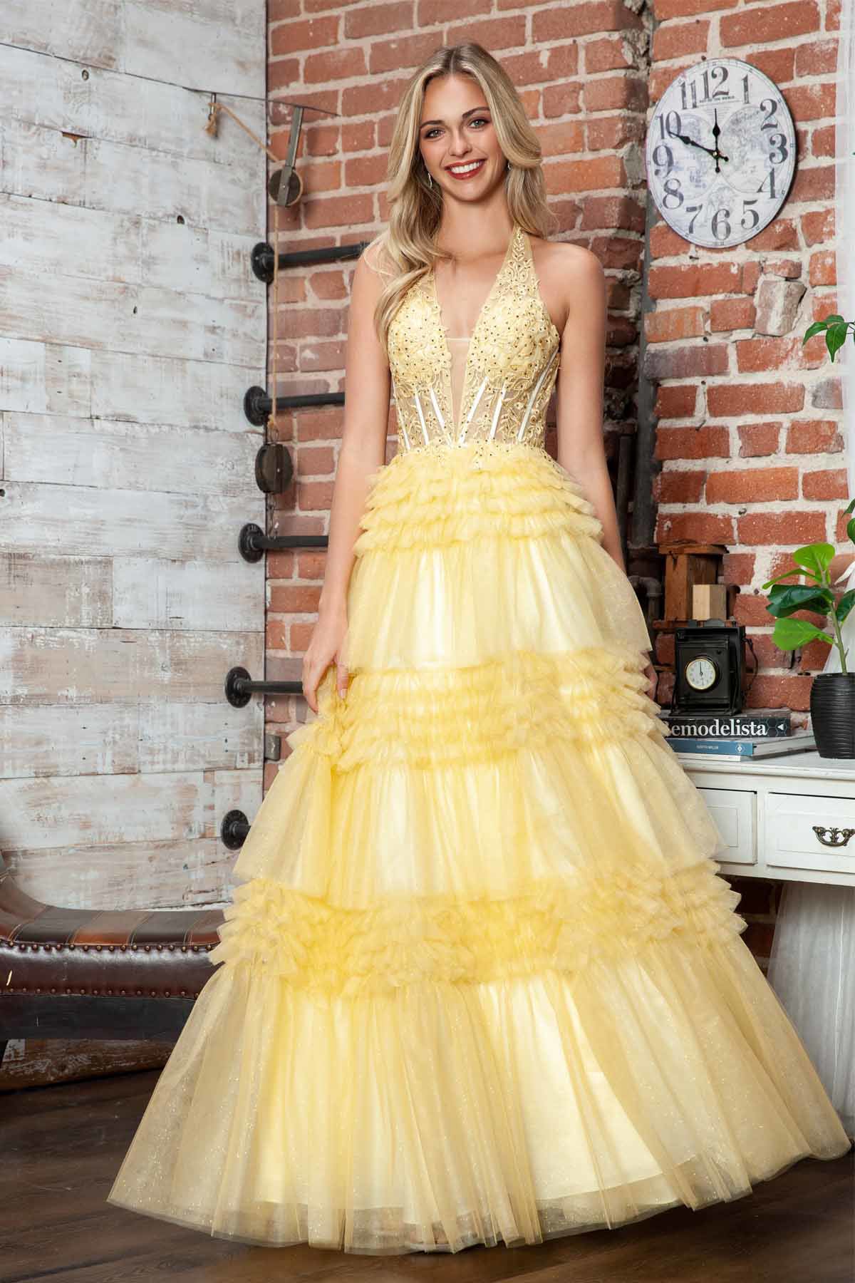 Juliet JT2556S Ruffled A Line Long Formal Lace Applique Prom Dress