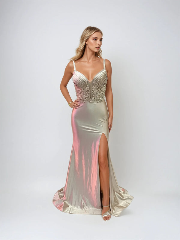 Juliet JT2510R Long Fitted Ruched Slit Prom Dress
