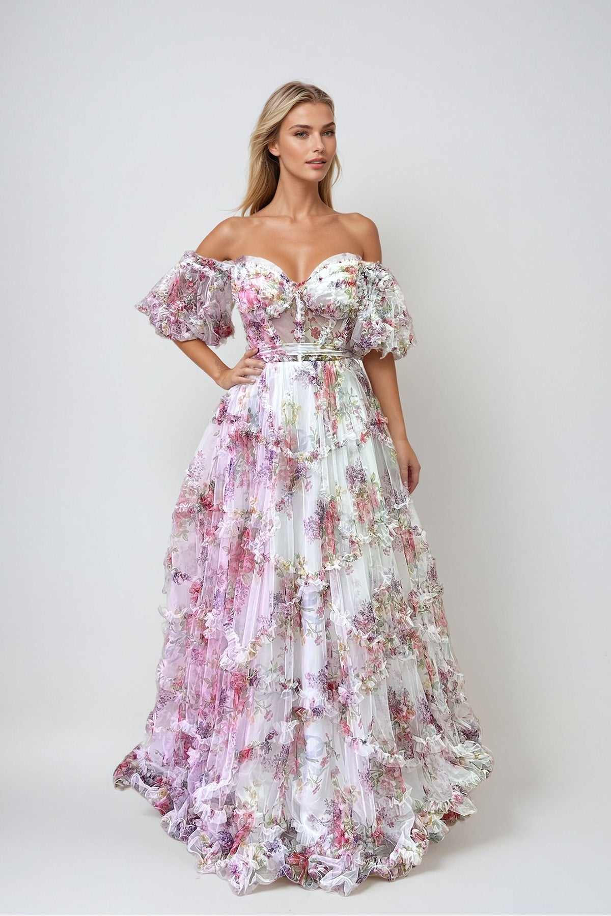 Juliet JT2887C A Line Long Formal Printed Ruffle Prom Dress