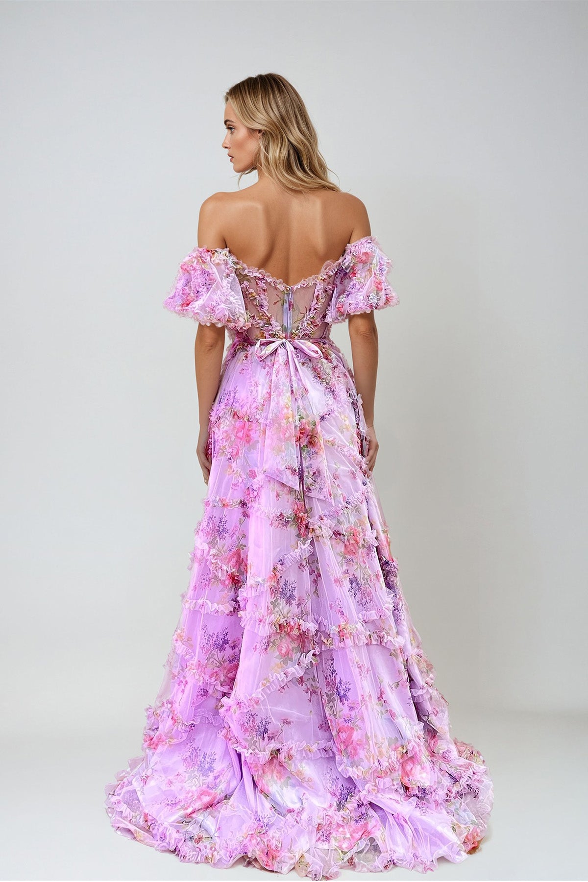 Juliet JT2887C A Line Long Formal Printed Ruffle Prom Dress