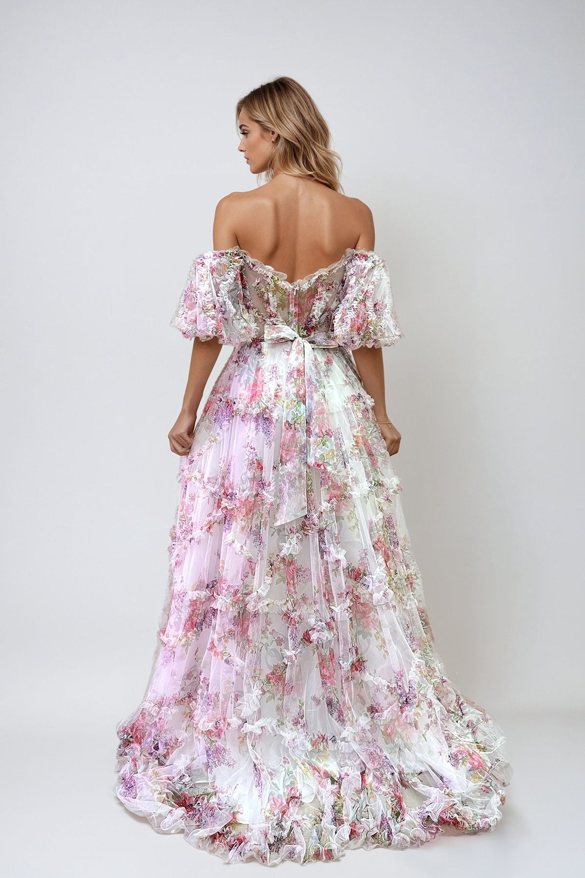 Juliet JT2887C A Line Long Formal Printed Ruffle Prom Dress