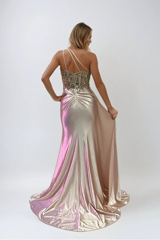 Juliet JT2519L Fitted Long Formal Slit Pleated Prom Dress