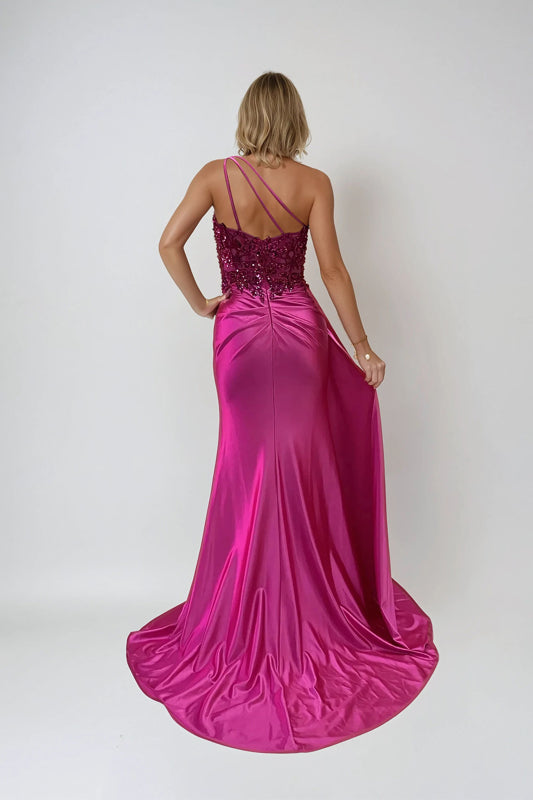 Juliet JT2519L Fitted Long Formal Slit Pleated Prom Dress