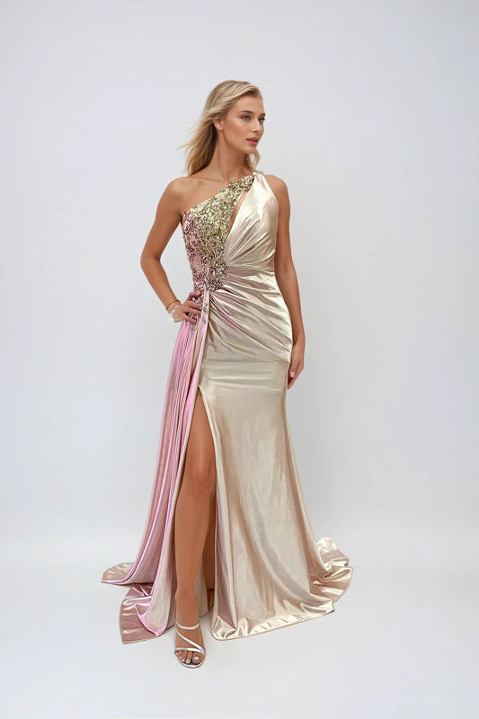 Juliet JT2519L Fitted Long Formal Slit Pleated Prom Dress