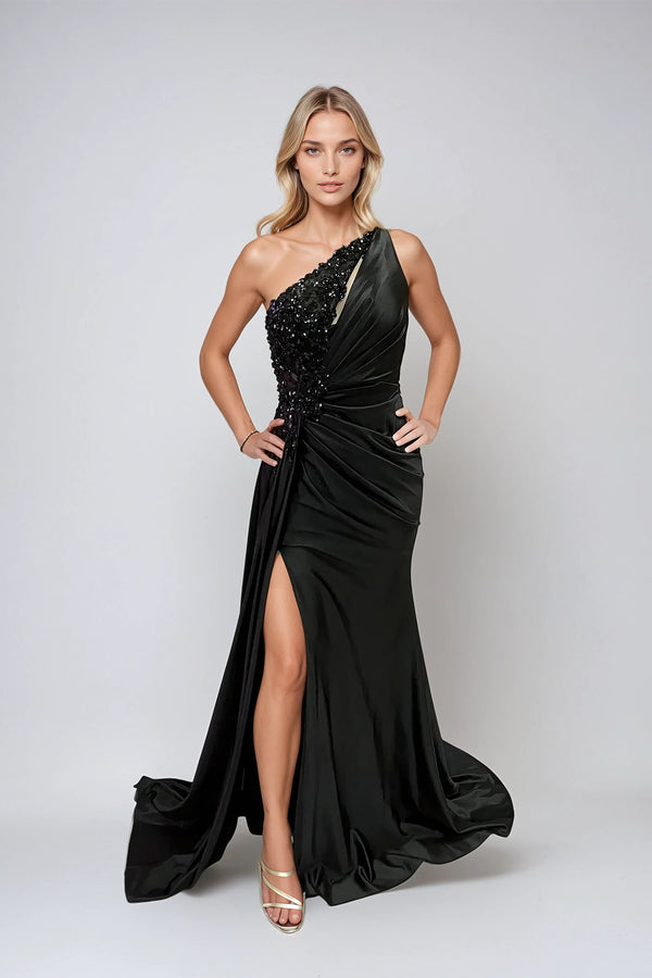 Juliet JT2519L Fitted Long Formal Slit Pleated Prom Dress