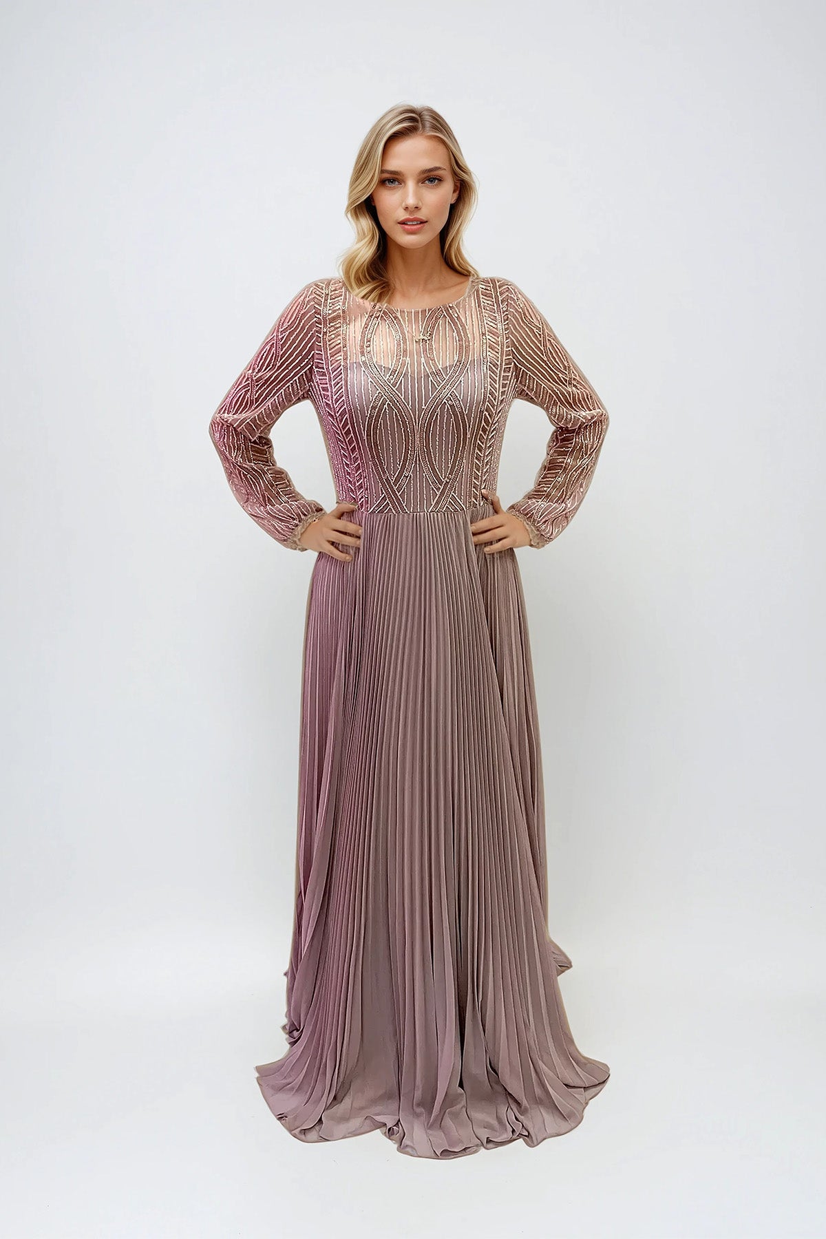 Juliet JTM18B Long Formal Pleated Sequin Mother of the Bride Dress