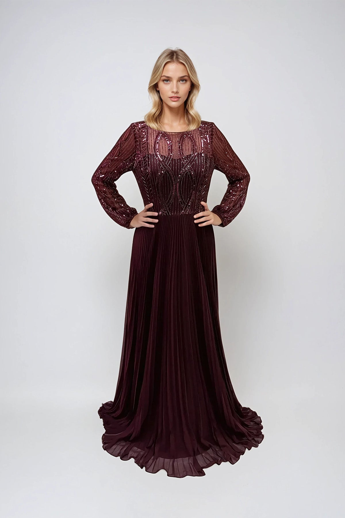 Juliet JTM18B Long Formal Pleated Sequin Mother of the Bride Dress
