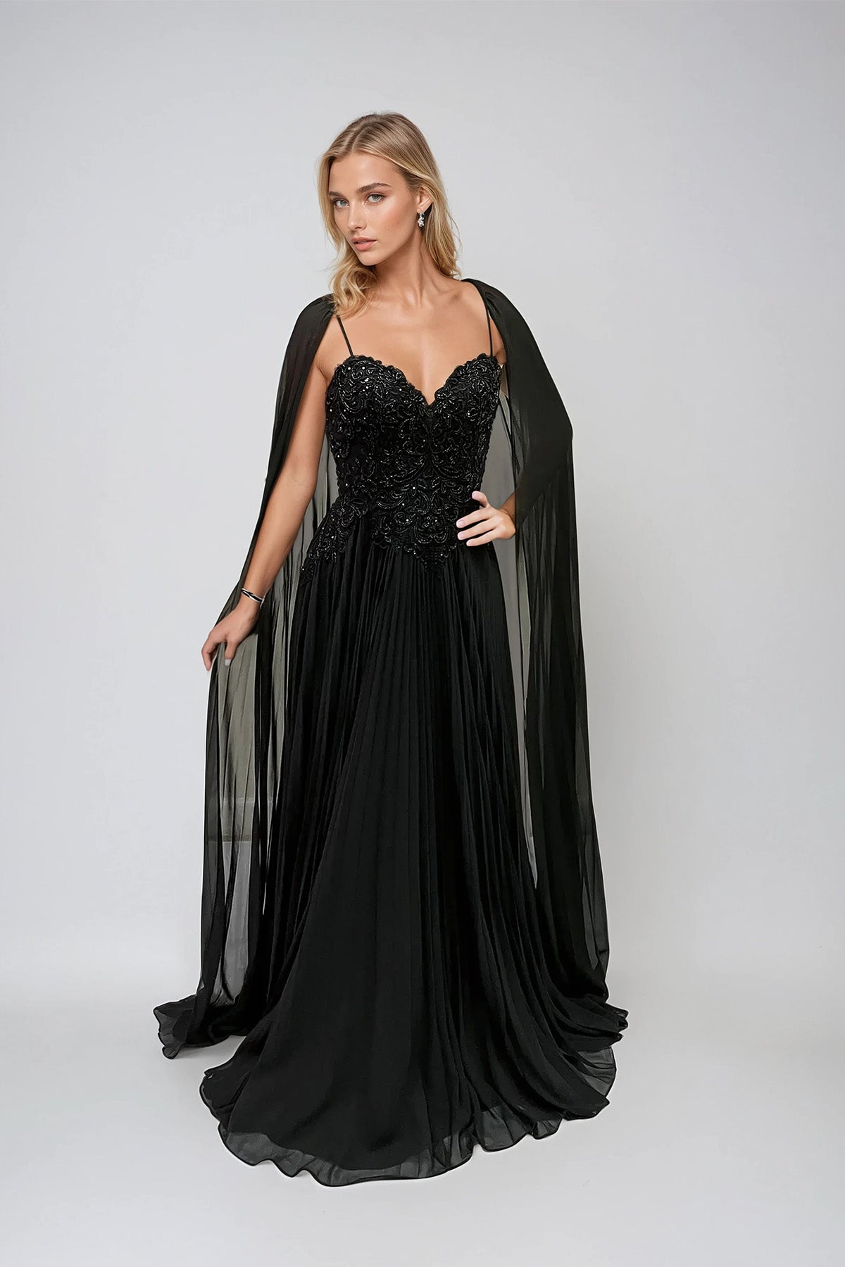 Juliet JTM20L Long Fitted Sequin Formal Pleated Evening Dress