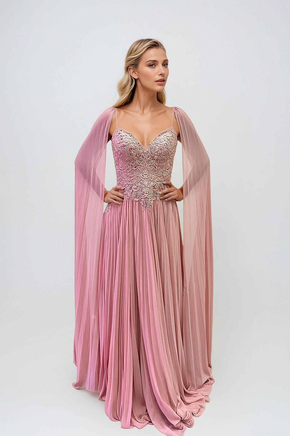 Formal Dresses Long Fitted Sequin Formal Pleated Evening Dress Rose