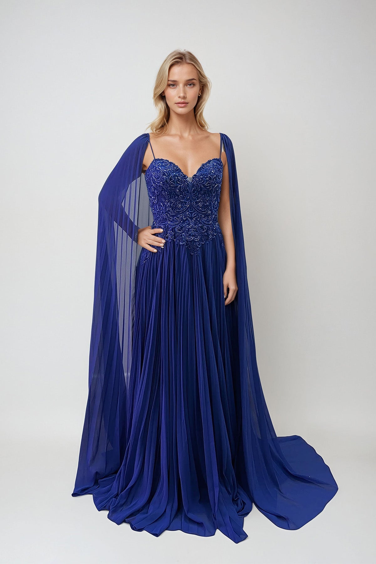 Juliet JTM20L Long Fitted Sequin Formal Pleated Evening Dress
