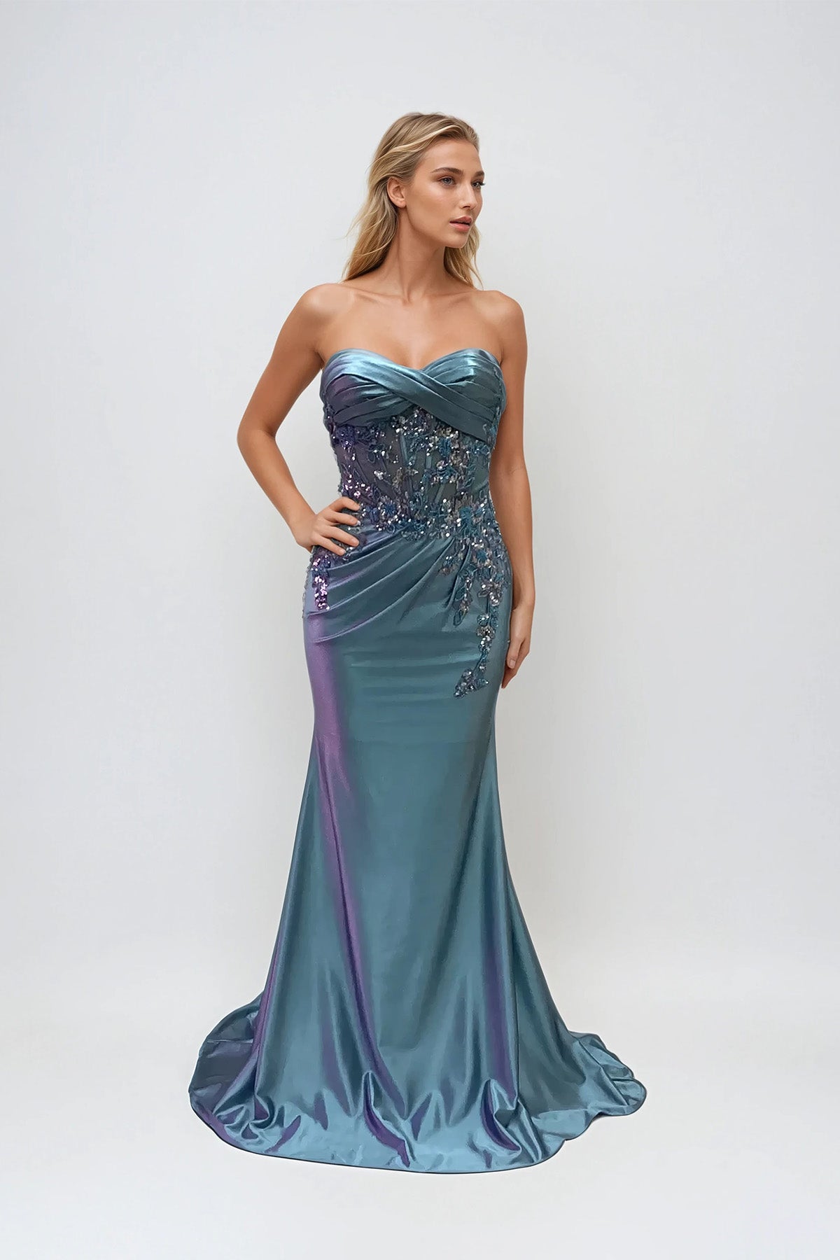 Juliet JT2532K Prom Long Beaded Ruched Formal Sequin Dress