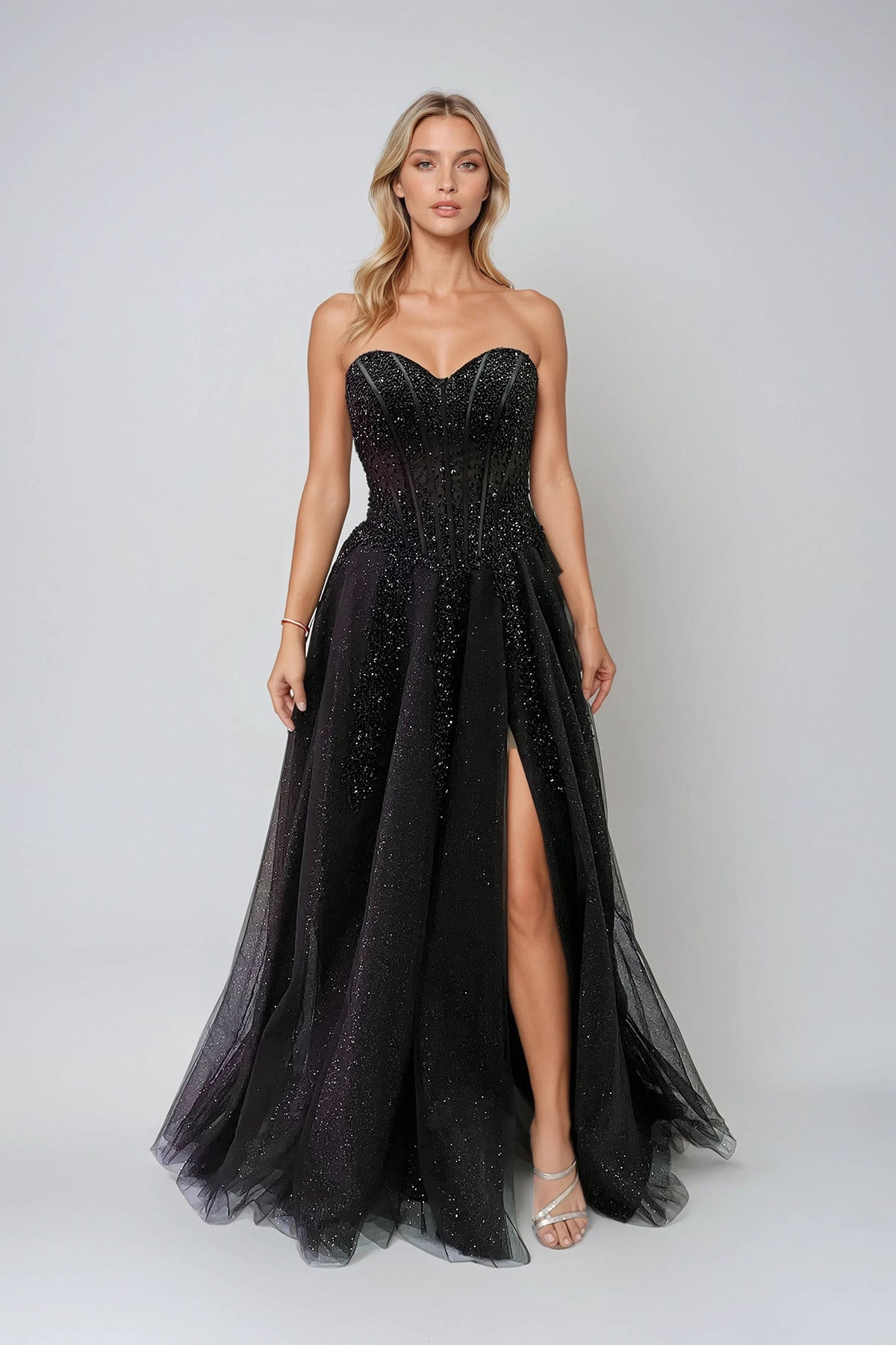 Juliet JT2882C Fitted Long Slit Beaded Sequin Prom Dress
