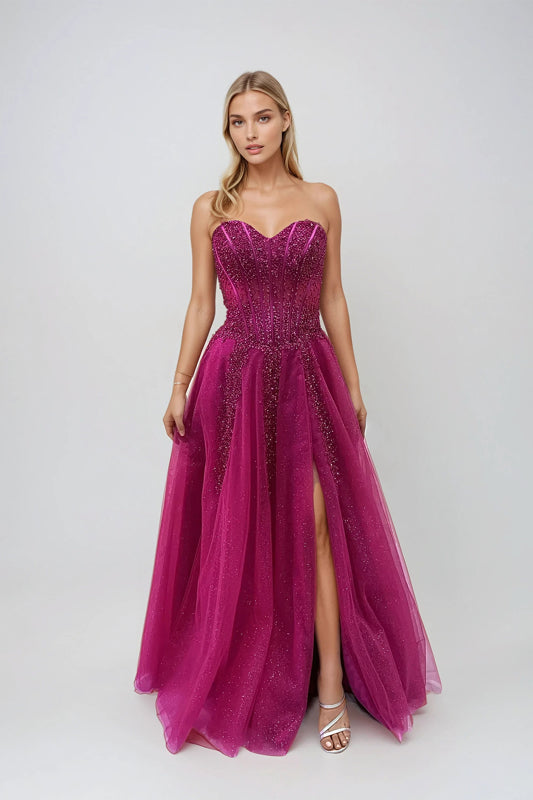 Juliet JT2882C Fitted Long Slit Beaded Sequin Prom Dress