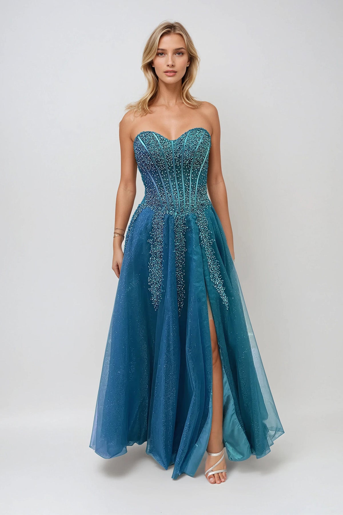 Juliet JT2882C Fitted Long Slit Beaded Sequin Prom Dress