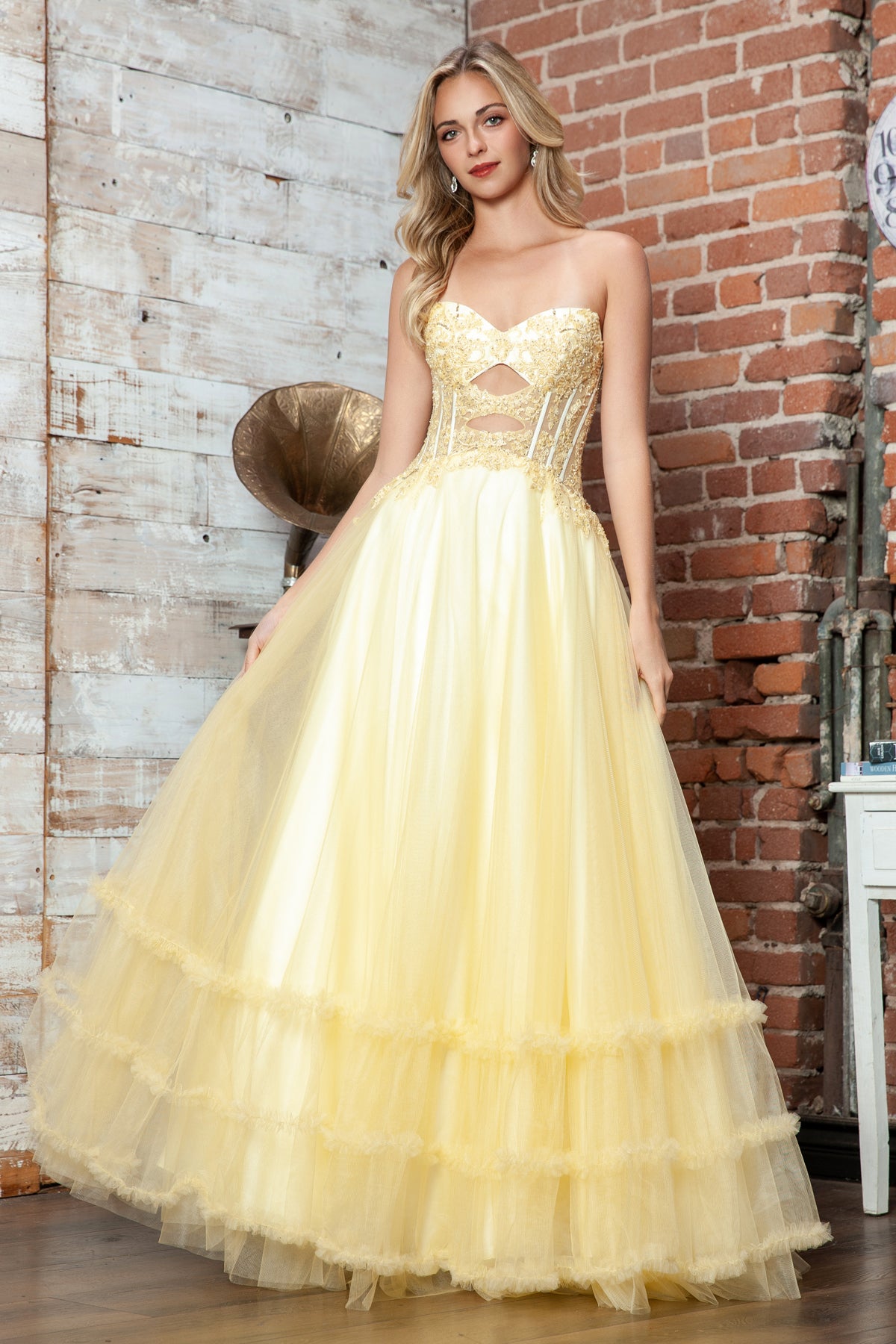 Juliet JT2561S A Line Long Formal Lace Applique Prom Dress