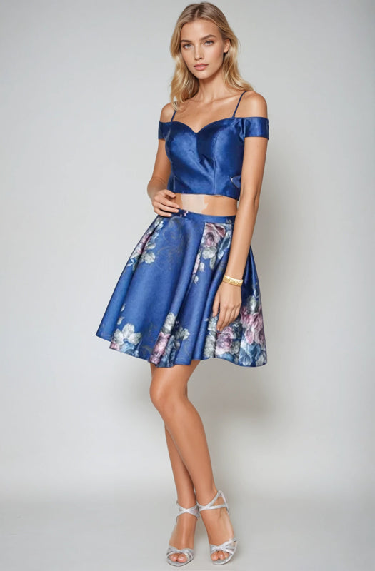 Homecoming Dresses Short Floral Print Two Piece Homecoming Dress Navy Blue