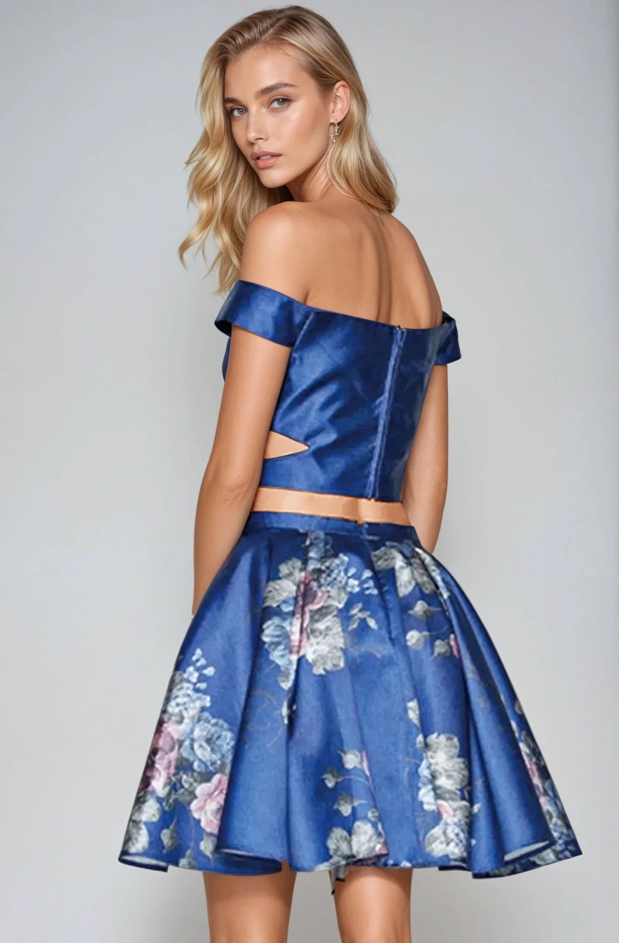 Homecoming Dresses Short Floral Print Two Piece Homecoming Dress Navy Blue