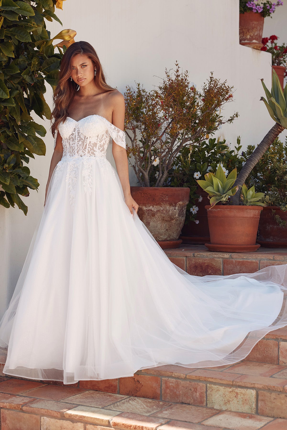 Long Off-Shoulder Appliqued Tulle Gown 2606LW by Juliet Off White / 14