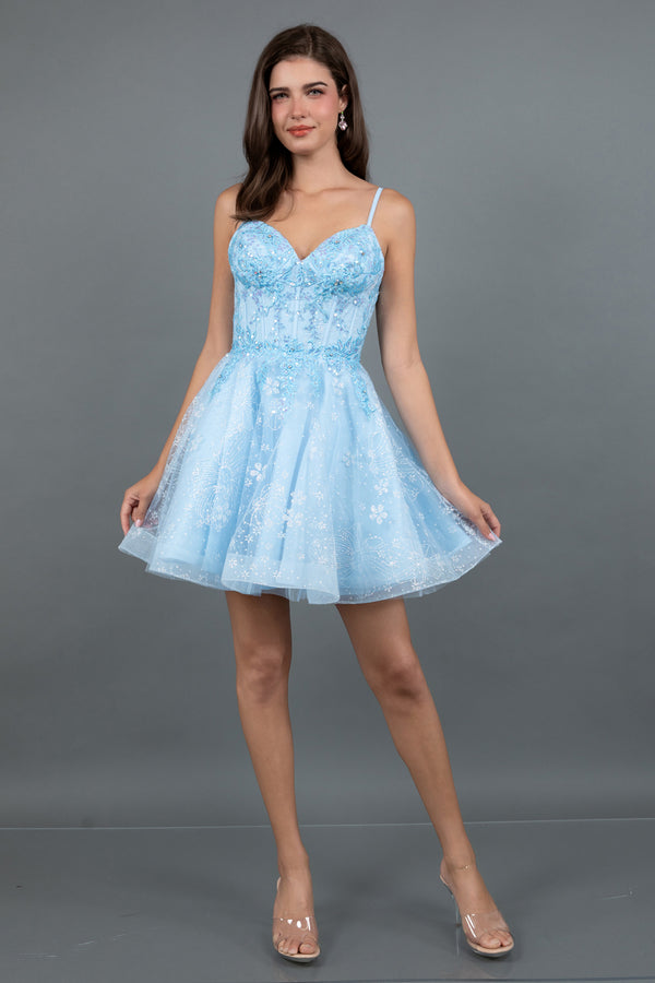 Juliet JT985L A Line Short Cocktail Floral Glitter Dress