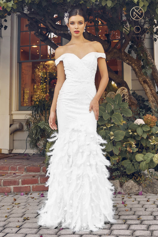 Nox Anabel C1106W Simple Long Mermaid Feather Wedding Dress